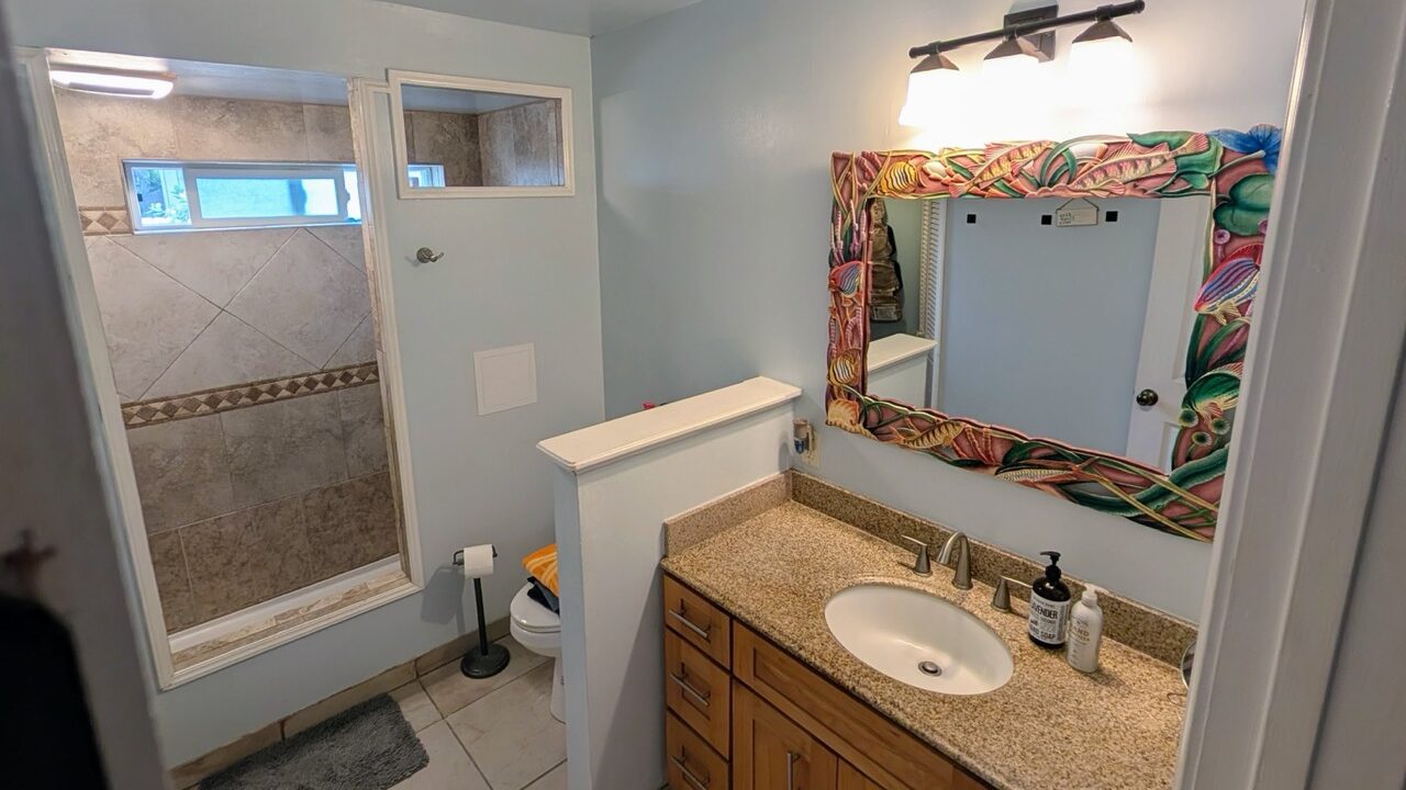 Clean and tropical bathroom at Hauʻula Hideaway featuring a walk-in tiled shower and artistic mirror